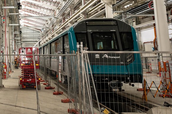 The first airport metro train is housed in a giant new stabling and maintenance facility at Orchard Hills, near Penrith.