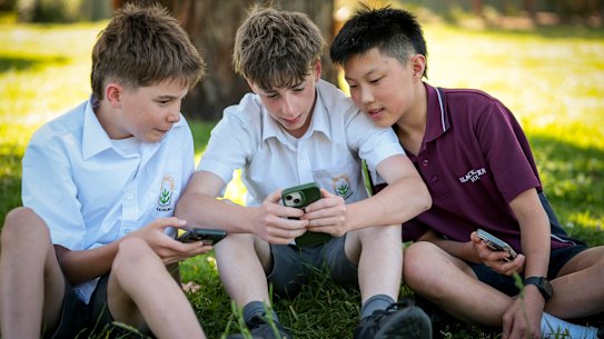 Patty De Benedetto (left), Eddy Coulson and Jordan Huang, who are all in year 7 and affected by the social media ban.