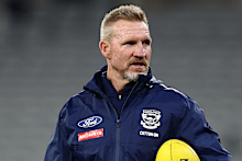 Nathan Buckley splits his time as a Geelong assistant coach and Fox Footy analyst.