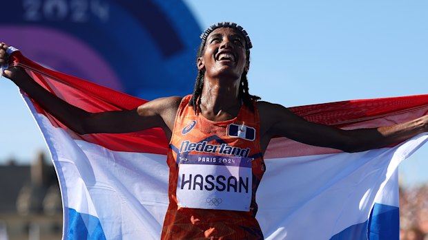 Sifan Hassan of Team Netherlands celebrates after winning the Women’s Marathon.