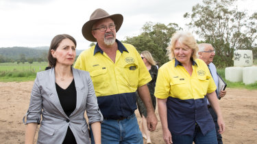 NSW Premier Gladys Berejiklian visits a farm in Lismore on Wednesday.