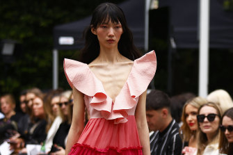 A model walks the Secret Garden Runway during Melbourne Fashion Week.