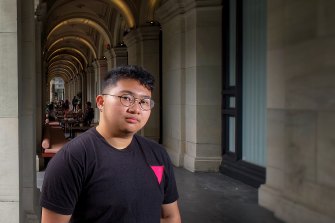 Wolfie Sun, who identifies as a non-binary trans person, outside the Melbourne GPO.