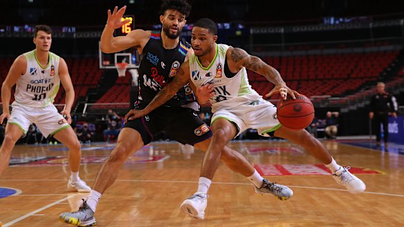 Keifer Sykes of Phoenix in action in game three against Melbourne United.