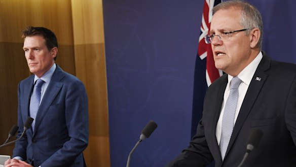 PM Scott Morrison, right, and Attorney-General Christian Porter address the media. 