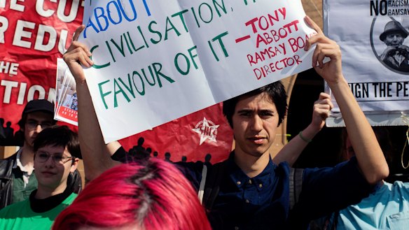 Students protesting against the establishment of a course in Western civilisation at the University of Sydney.