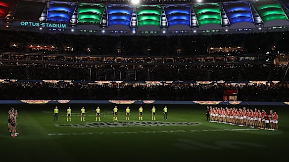 The incredible scene set at Optus Stadium for the 2021 Dreamtime blockbuster between Richmond and Essendon.