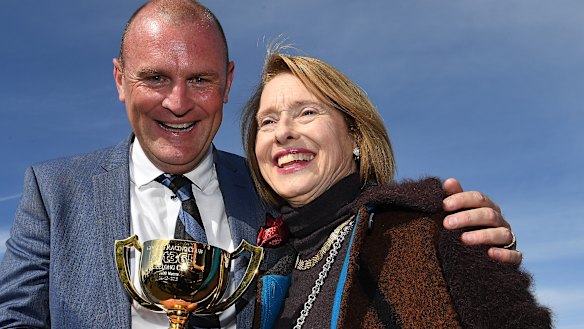 Anthony Mithen and Gai Waterhouse celebrate Runaway's Geelong Cup victory.