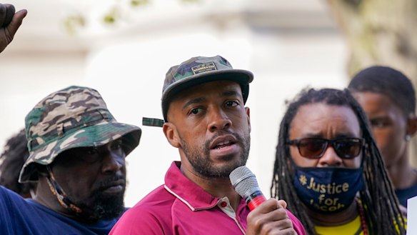 Wisconsin Lieutenant Governor Mandela Barnes speaks at a rally for Jacob Blake in Kenosha.
