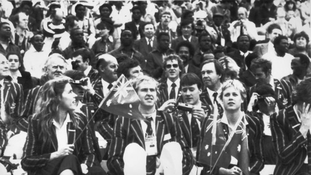 Australian Athletes sit in Lenin Stadium in Moscow watching the opening of the XXII Games.