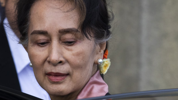 Myanmar's leader Aung San Suu Kyi leaves the International Court of Justice in The Hague, Netherlands.