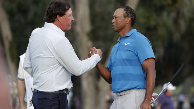 The pair shake hands at the Players Championship this year.