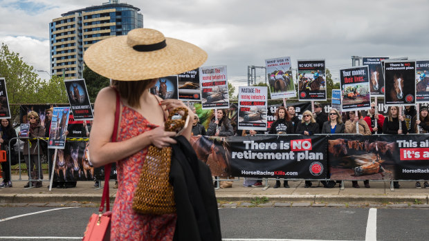 Protesters outside the Caulfield Racecourse
