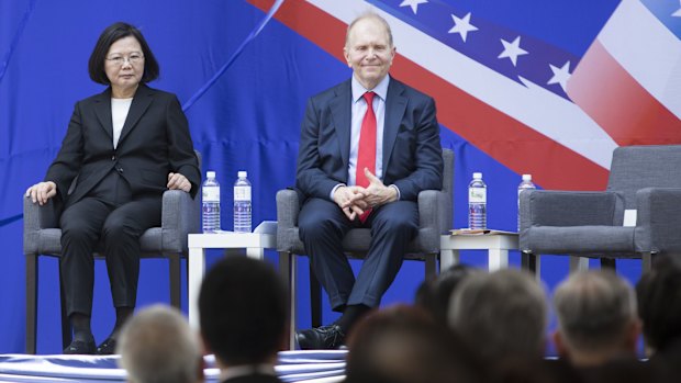 Tsai Ing-wen, Taiwan's president, left, and William Moser, Principal Deputy Director of the Bureau of Overseas Buildings Operations, attend the dedication.