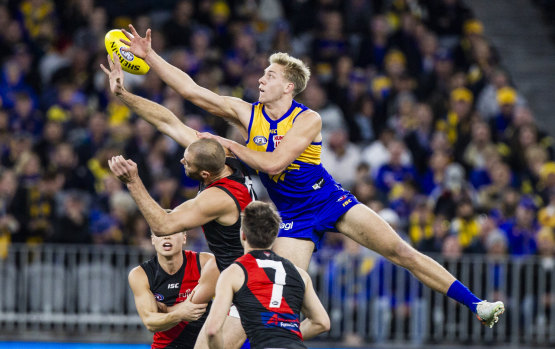 Oscar Allen flies high for the Eagles against the Bombers in Perth on Thursday night.