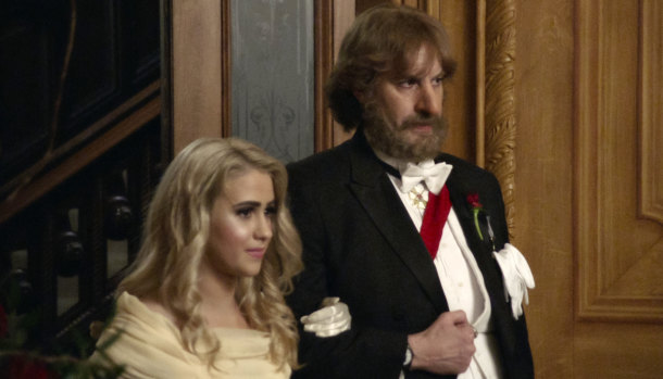 Acting nominee Maria Bakalova and Sacha Baron Cohen in Borat Subsequent Moviefilm.