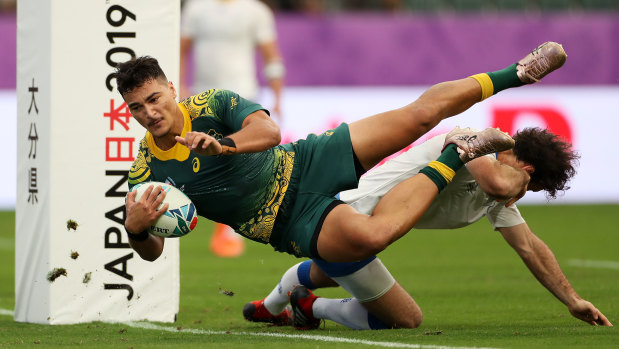 Jordan Petaia scores a try against Uruguay in 2019. 