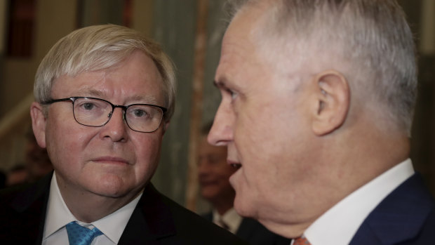 Former prime ministers Kevin Rudd and Malcolm Turnbull.