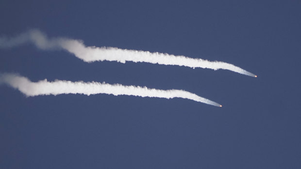 Tactical missiles fly in the sky in the separatist region of Nagorno-Karabakh. 