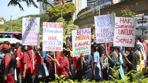 Malaysian workers stage a rally marking May Day in Kuala Lumpur on Wednesday.