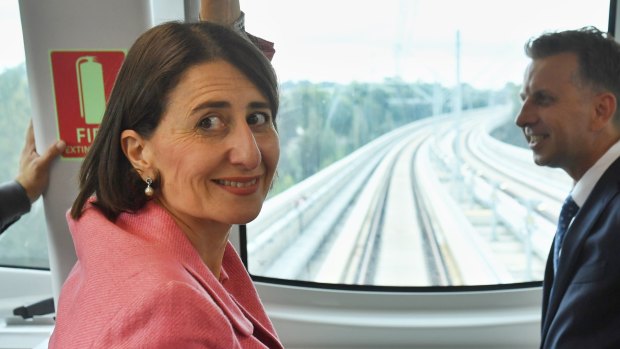 Premier Gladys Berejiklian aboard a metro train in Sydney's north west last week.