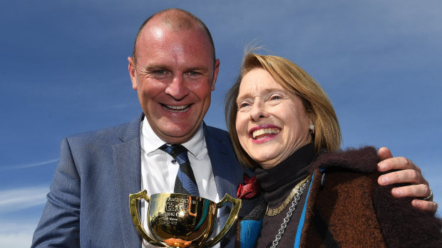 Owner-breeder Anthony Mithen and Gai Waterhouse celebrate Runaway's 2018 Geelong Cup victory.