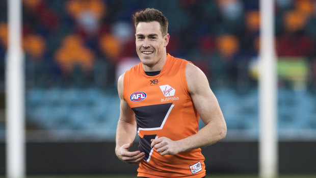 Jeremy Cameron trains in Canberra on Thursday ahead of his return from a calf injury for the GWS Giants on Friday night against Hawthorn.