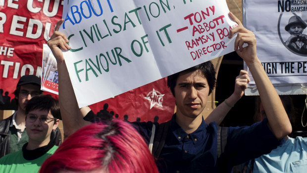 Students protesting against the establishment of a course in Western civilisation at the University of Sydney.