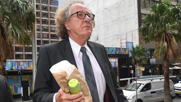 Geoffrey Rush outside court in Sydney last month.