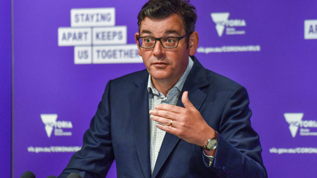 Premier Dan Andrews addresses media on Saturday.