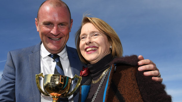 Anthony Mithen and Gai Waterhouse celebrate Runaway's Geelong Cup victory.