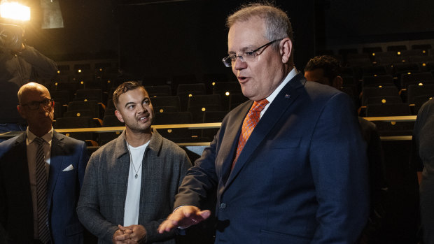 Prime Minister Scott Morrison and singer Guy Sebastian at West HQ in Sydney to announce the arts rescue package on Thursday. 
