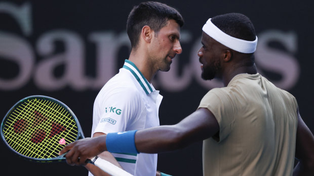  Novak Djokovic (left) is congratulated by United States’ Frances Tiafoe after winning their second round match on Wednesday.