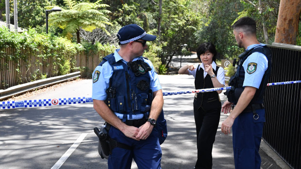 NSW Police at the scene of a double stabbing at the Church of Scientology headquarters at Chatswood.