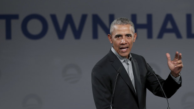 Former US President Barack Obama at a town hall meeting in Berlin.