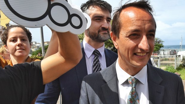 Liberal hopeful Dave Sharma arrives for The Battle for Wentworth forum, hosted by The Sydney Morning Herald, in Bondi on Monday.
