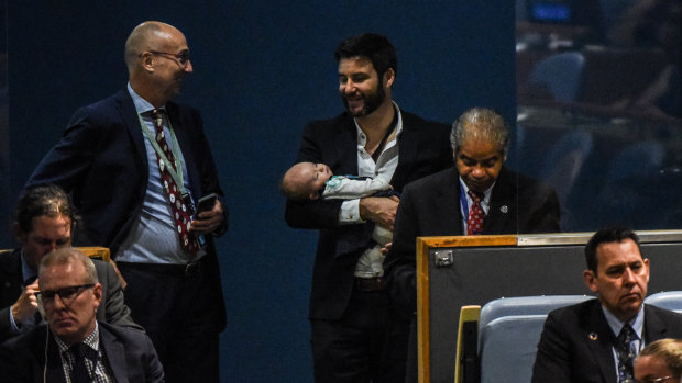 Jacinda Ardern’s partner Clarke Gayford at the UN in New York, with their daughter Neve. 