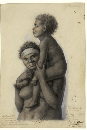 <i>Aboriginal woman carrying her child on her shoulder</i>,  
Nicolas-Martin Petit, 1802 in <i>The Art of Science: Baudin’s Voyagers 1800–1804</i> at the National Museum of Australia.