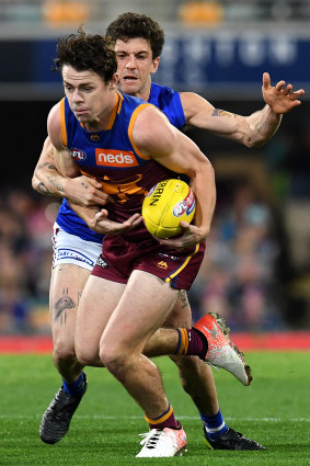 Lion king: Brisbane ball-magnet Lachie Neale in action against the Western Bulldogs at the Gabba.