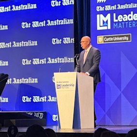 Dutton speaks at a breakfast in Perth.