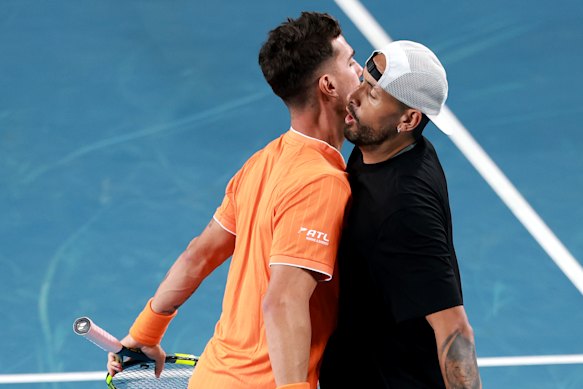 Nick Kyrgios and Thanasi Kokkinakis celebrate a point.