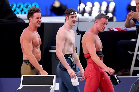 James Magnussen (left) after the 100m freestyle at the Enhanced Games.