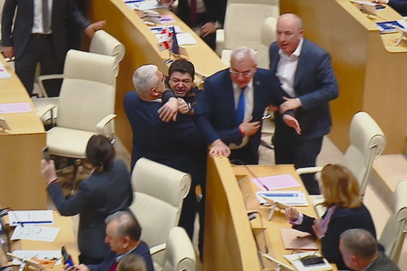 Georgian MPs fighting during a parliament session in Tbilisi, Georgia. 