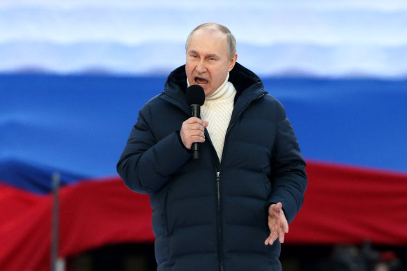 President Vladimir Putin wearing a €12,000 ($20,000) Loro Piana jacket to a Moscow rally in 2022