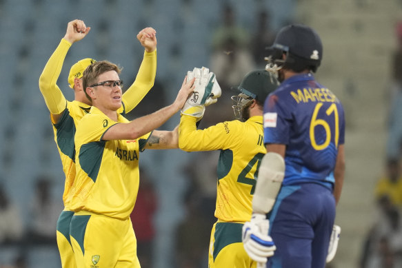 Australia’s Adam Zampa celebrates the wicket of Sri Lanka’s Maheesh Theekshana.