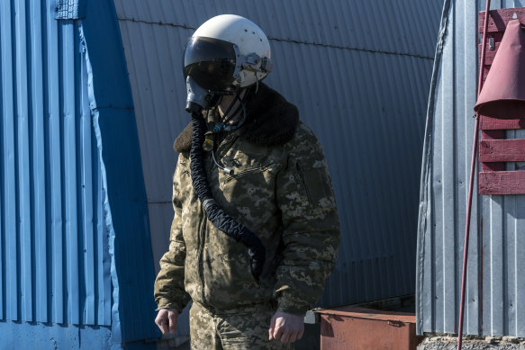 Andriy, a Ukrainian Air Force pilot, outside a hangar at an undisclosed location in Ukraine.