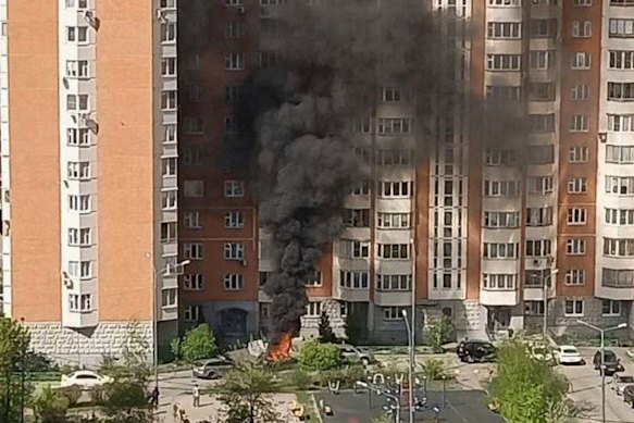 Flames and smoke rise from the scene where Russian general Yaroslav Moskalik was killed by a car bomb on Friday.