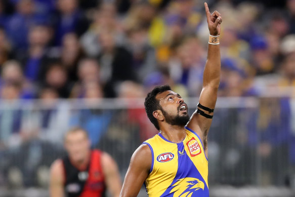 Junior Rioli celebrates after scoring a goal.