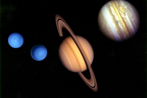 A montage of images Voyager 2 has visited, made up of images taken by both probes.