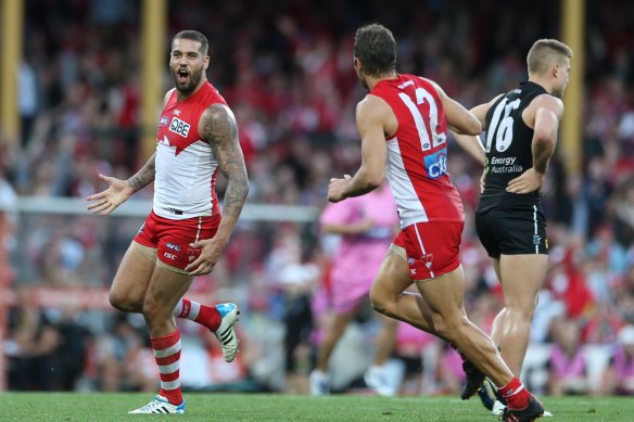 Lance Franklin celebrates one of his five goals.